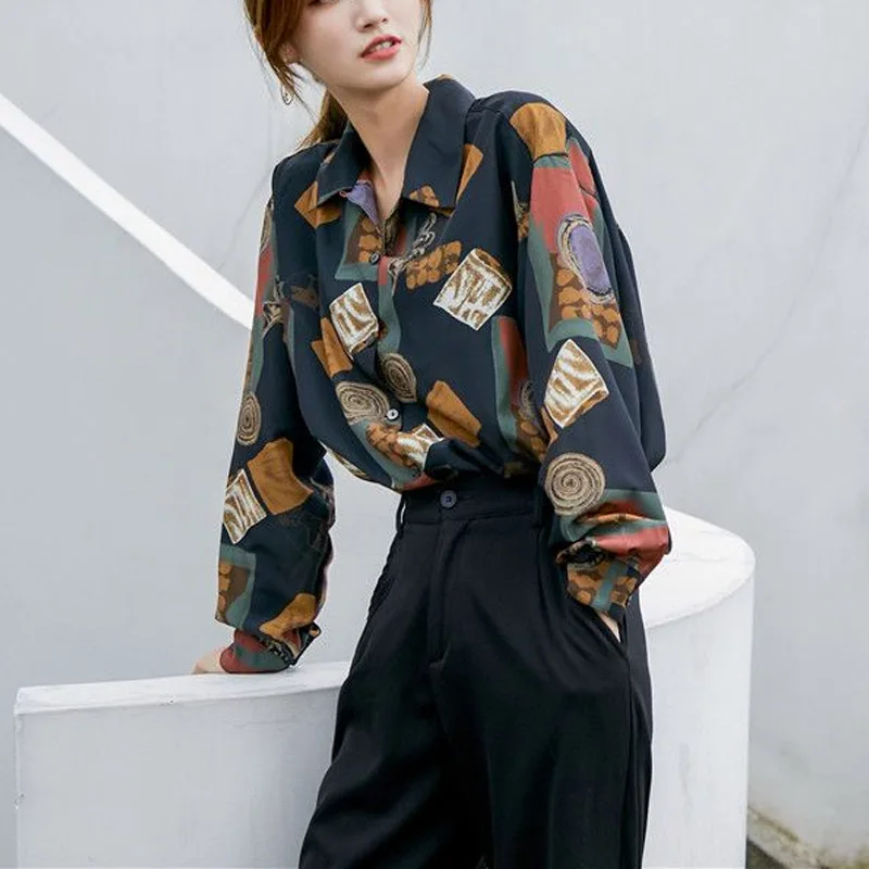 Vintage Hong Kong Breeze Loose Printing Blouse Women New Spring Autumn Classic Long Sleeve Polo Collar All-match Lady Shirt 2023