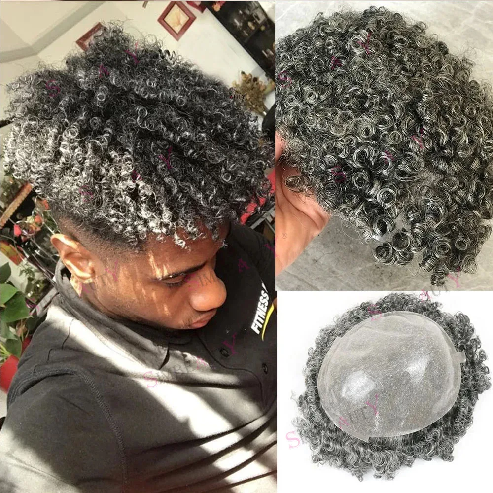 

15MM Curly Toupee For Man Grey Afro Wigs Durable Thin Skin Full PU Base Prosthesis Replacement System Human Hair V Looped Unit