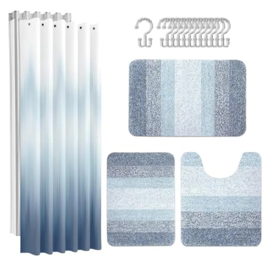 

Blue Stripes Bathroom Sets with Shower Curtain and Rugs, Ombre Modern Abstract Waterproof Shower Curtain Liner and Soft Non Sli