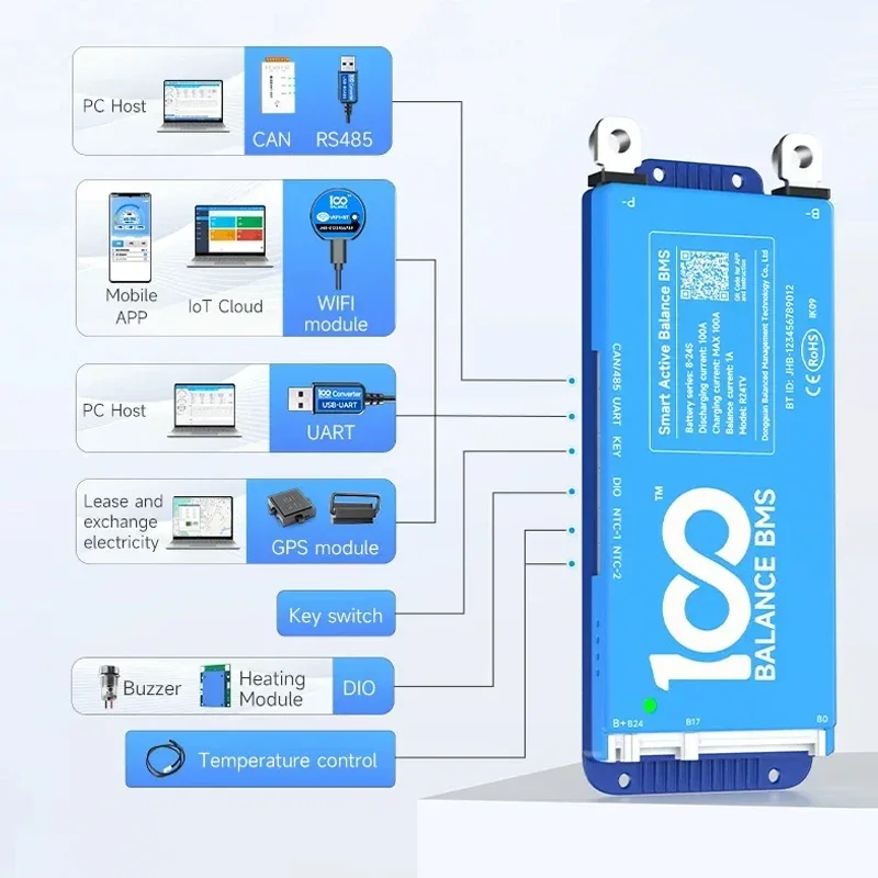 JBD Smart BMS Active Balance 4-24S 40-200A 12V-96V Scheda di protezione della batteria al litio BT UART RS485 CAN LiFePo4 Ventola di raffreddamento agli ioni di litio