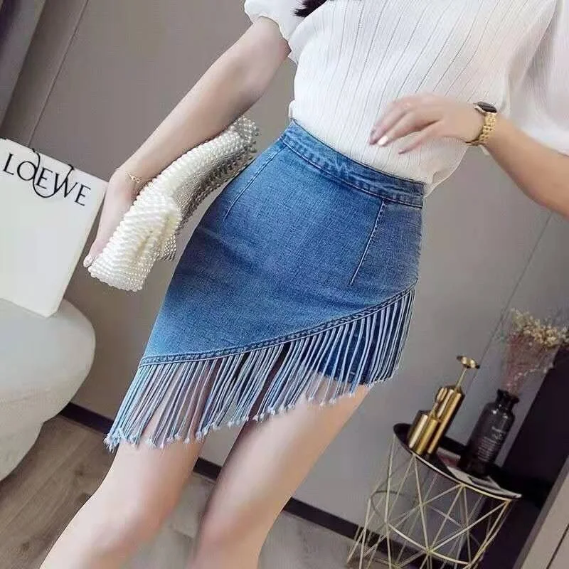 Summer High Street Pockets Tassel All-match Slim Jean Skirts Women Solid Fashion High Waist Female Irregular Pencil Denim Skirt