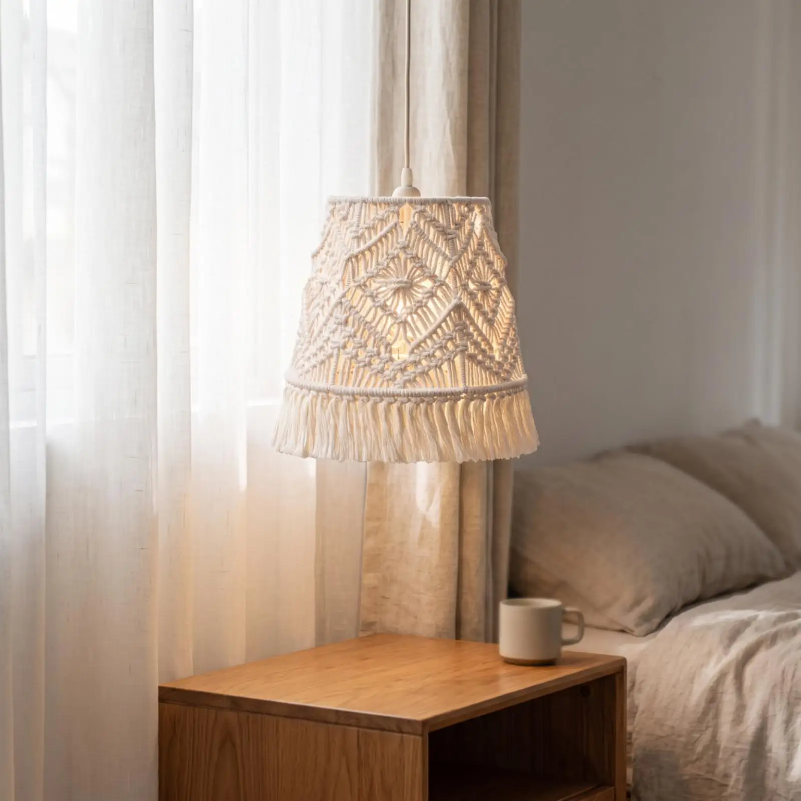 Handmade Cotton Macrame Lamp Shade Openwork Fringe Detail for Pendant Ceiling Light Bohemian Style Cozy Room Warm Ambience Decor