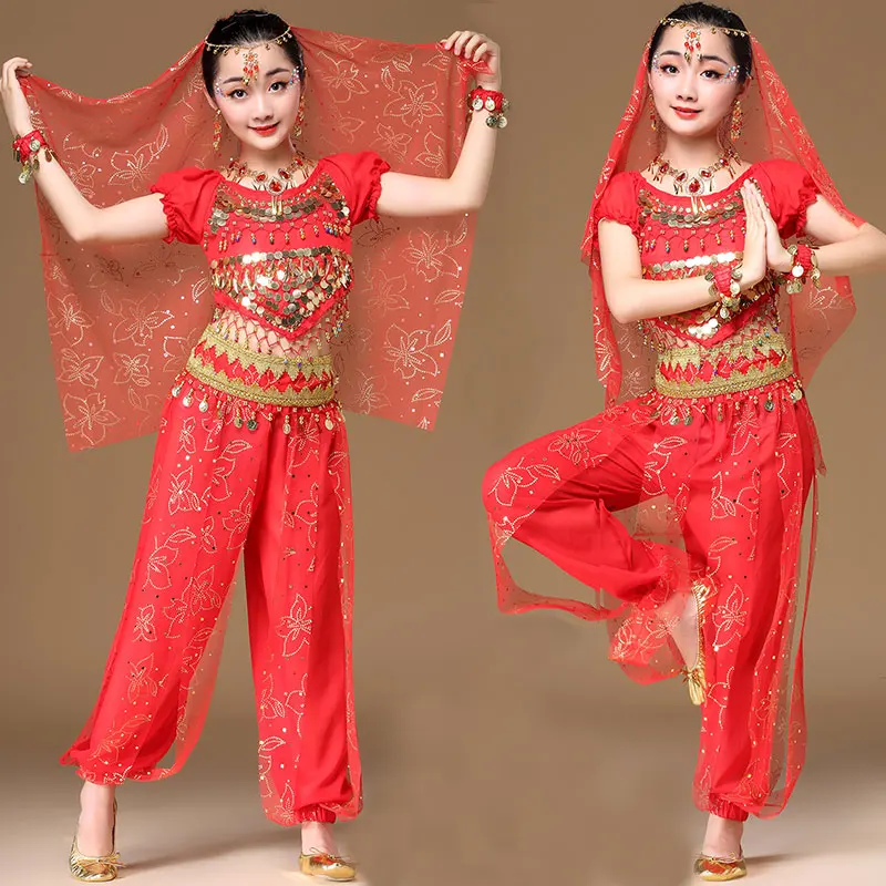 Girl Belly Dance Girls Bollywood Dance Costume Set Indian Sari Children Chiffon Outfit Halloween Top Belt Pant Veil Headpiece