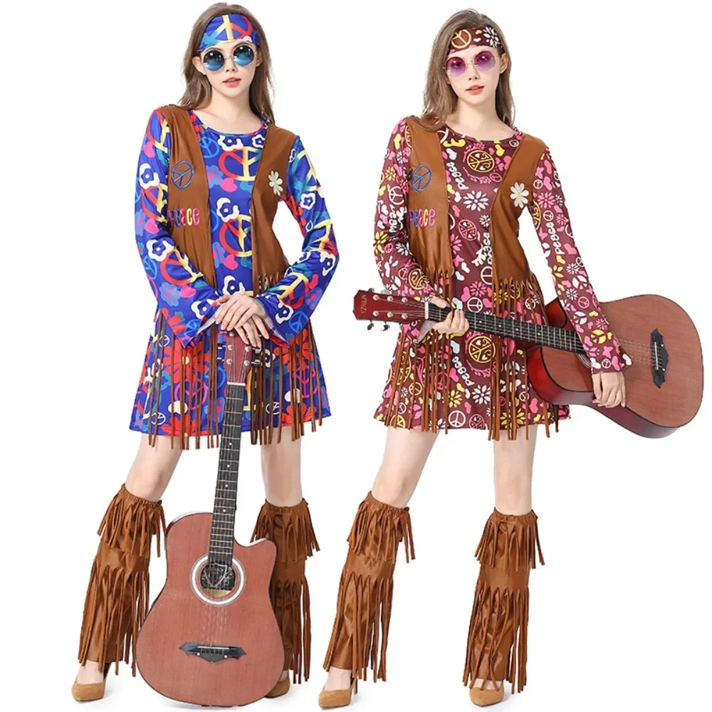 

70s 80s Hippie Disco Cosplay Costume Female Vintage Boho Tassel Dress Headband Legging Sunglasses Full Set Hip-hop Disco Suit
