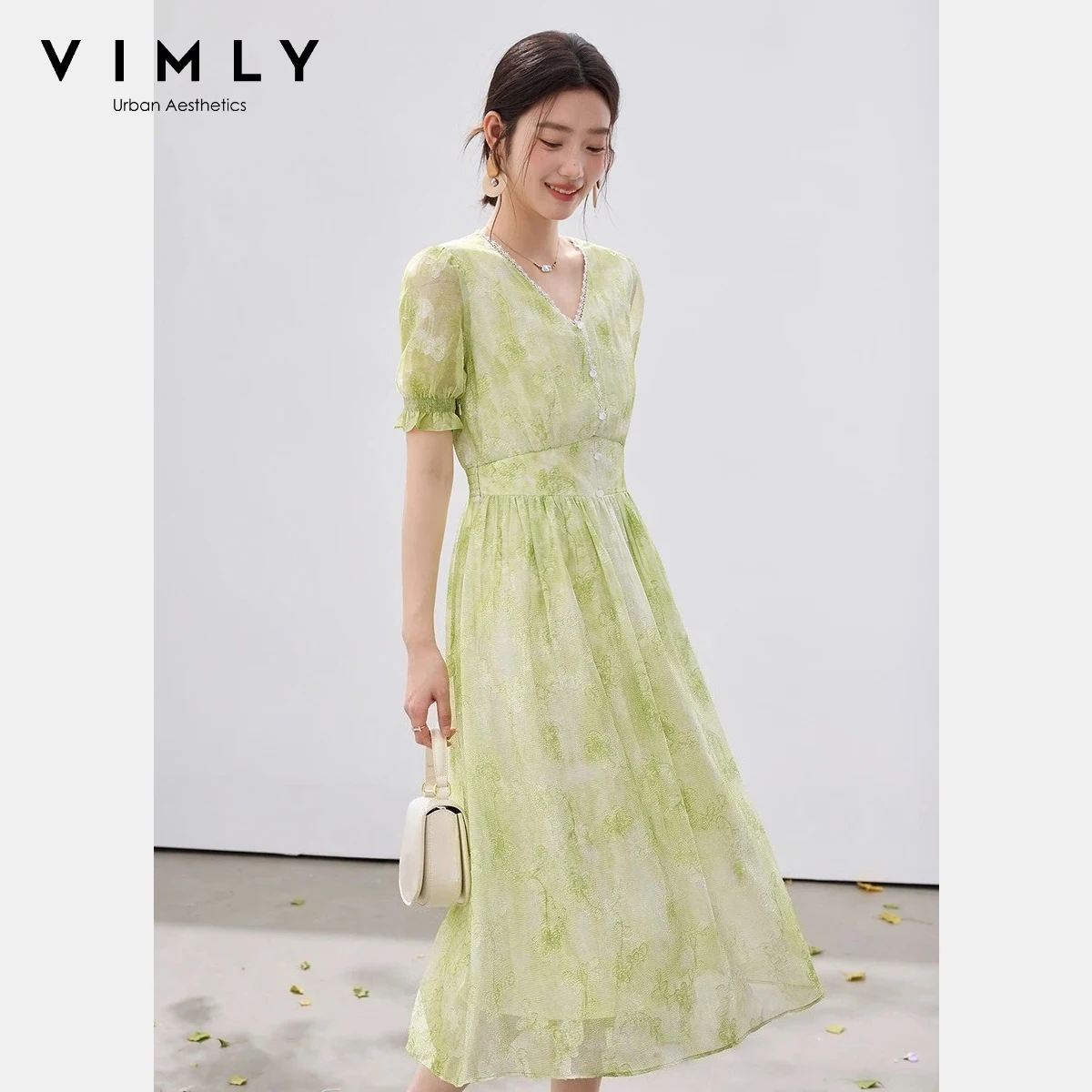 Vestido Midi con Estampado Floral para Mujer VIMLY, Verano 2026, Nuevo con Ribete de Encaje Francés, Cuello en V, Manga Corta Abullonada, Corte Ajustado Informal, A6175