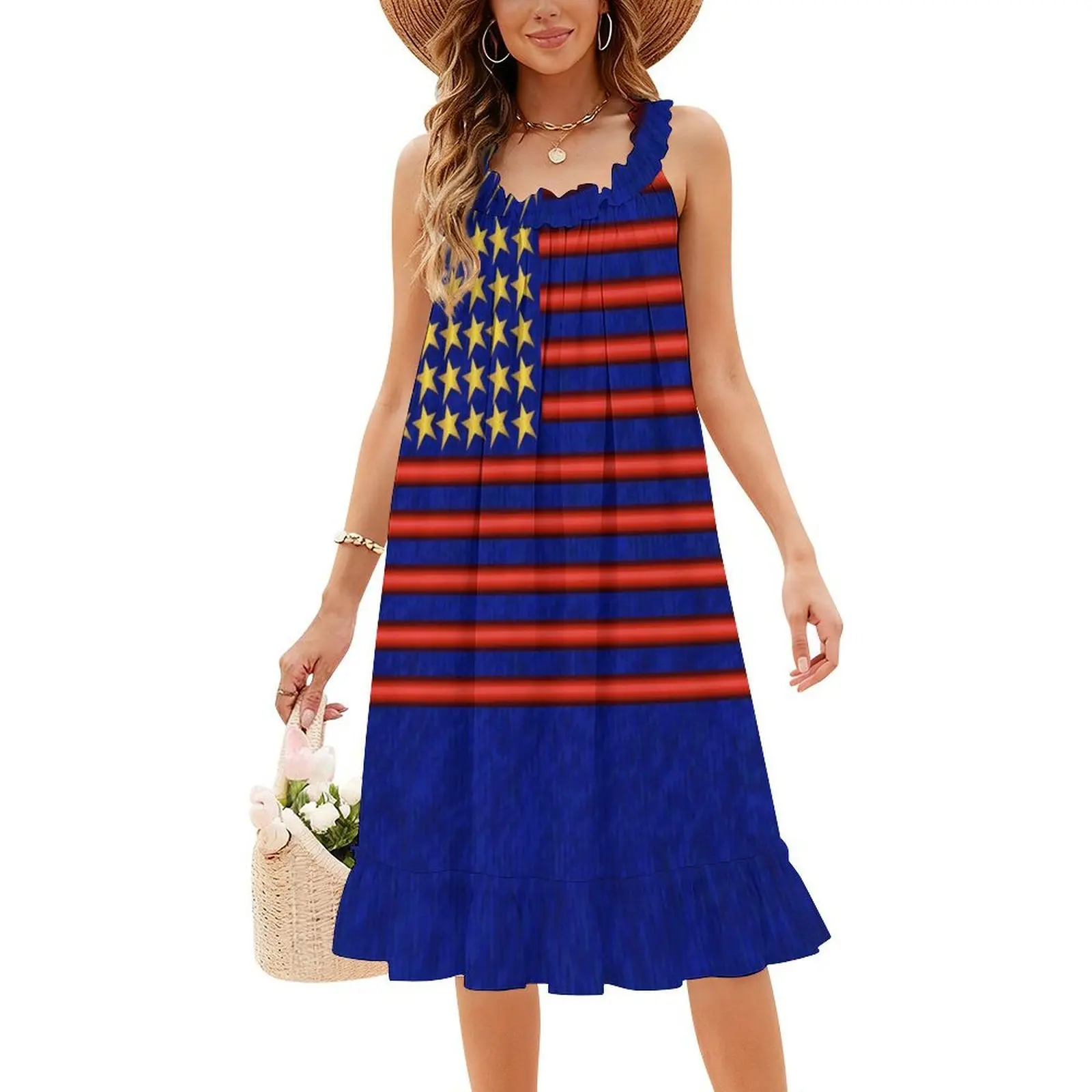 النجوم والمشارب (الولايات المتحدة الأمريكية 1) فستان على الطراز الكوري للنساء فستان كاجوال أنيق للحفلات أو الملابس اليومية نجوم وخطوط الولايات المتحدة الأمريكية