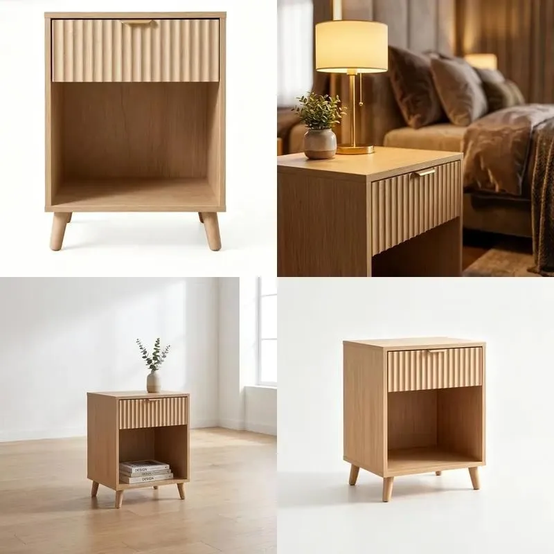 Simple Grooved Oak Bedside Table with Single Drawer and Open Storage for Small Bedroom Apartment