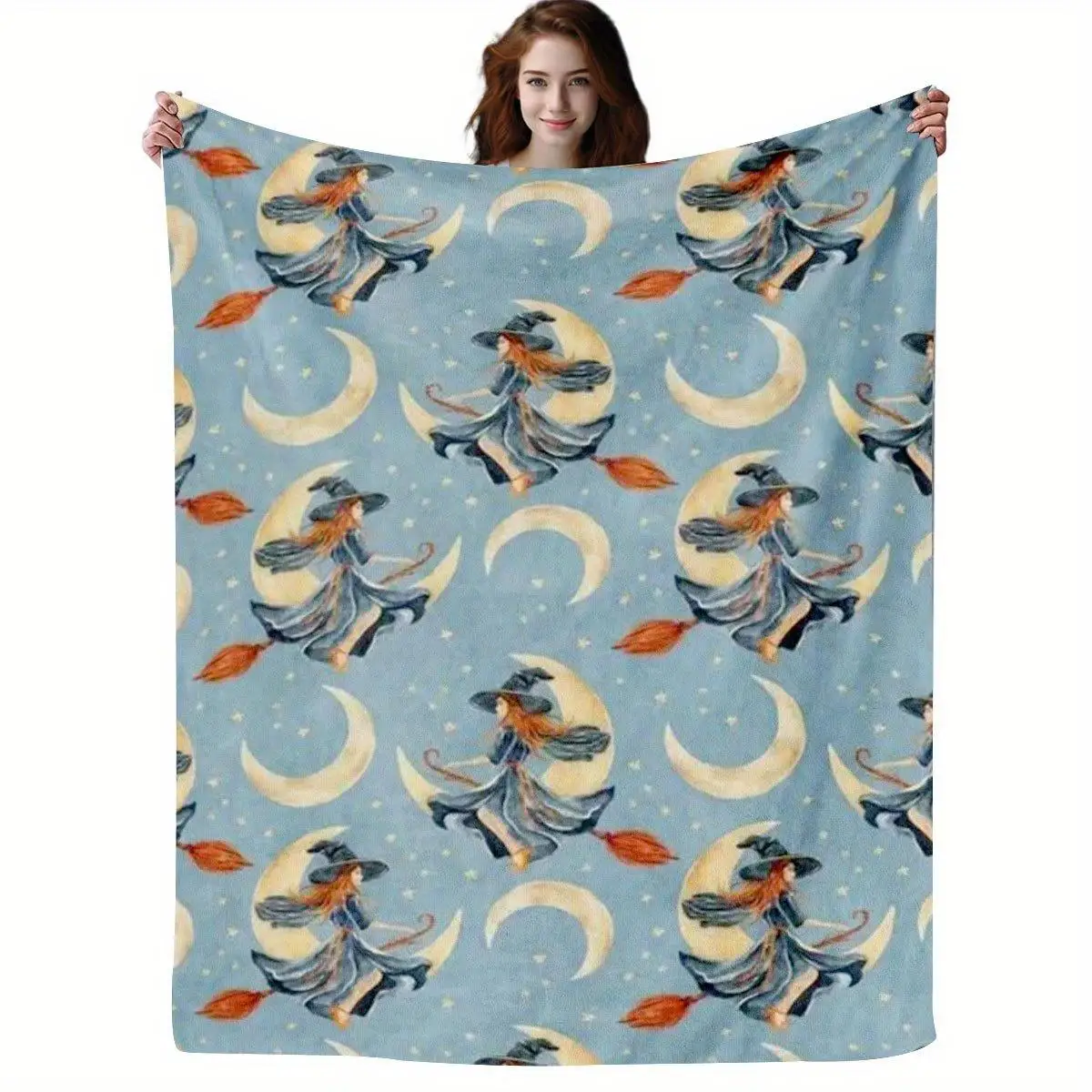 1pc Witch, moon, and star pattern blanket, made of polyester, machine washable, suitable for bedroom and living room.