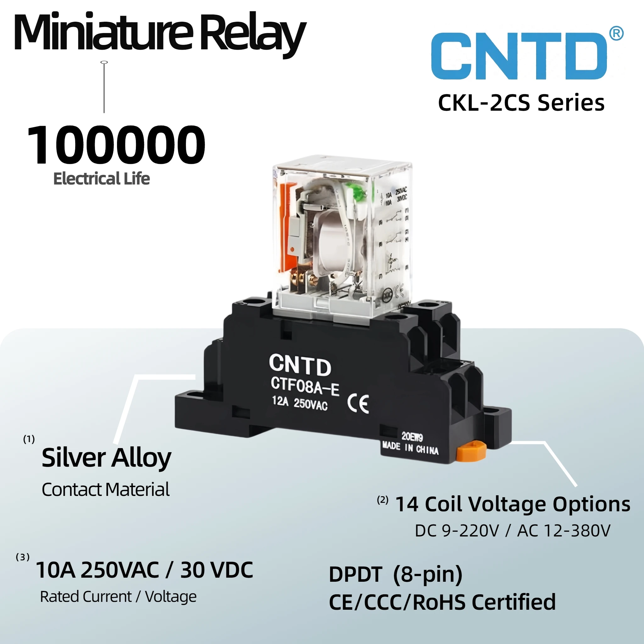 CNTD CKL-2CS 2Pcs Miniature Relay 8-Pin Octal DPDT 10A 250VAC 30VDC Plug-in Silver Alloy 14 Coil Voltages DC/AC CCC CE RoHS