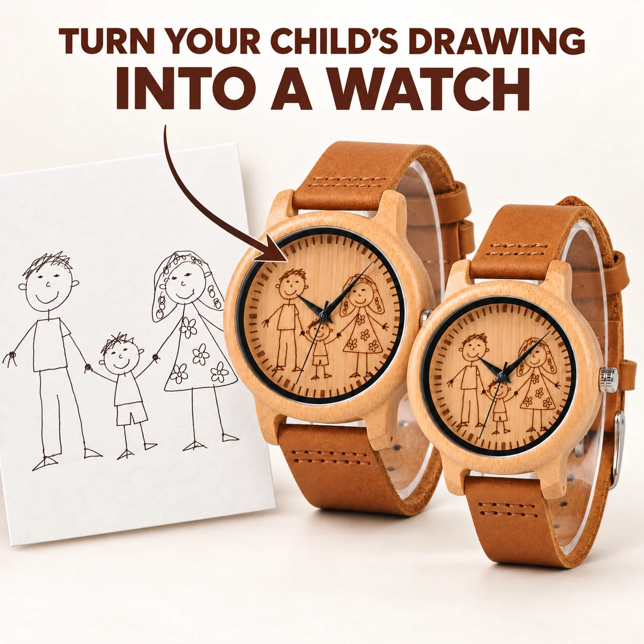 Personalized Wooden Couple Watch Custom Drawing Laser Engraved Family Portrait Leather Strap Keepsake Gift for Mom Dad Parents