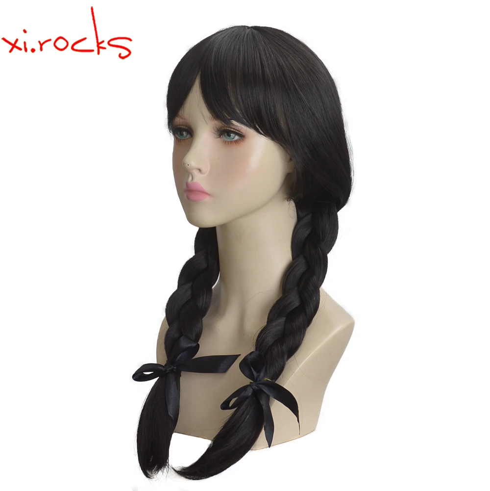 3622L Xi.Rocks Addams Wednesday Long Black Braids Hair Cosplay Heat Resistant Synthetic Wig Halloween Party Role Play