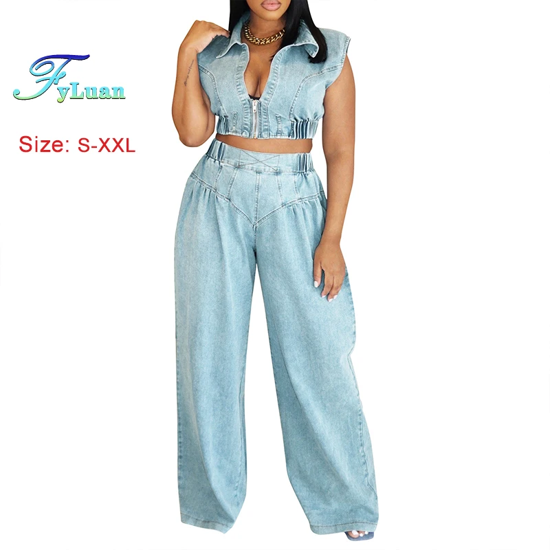 

2025 Summer New Fashion Denim Women's Set Short Sleeve Zipper Sleeveless Tops and Wide Leg Jeans Pants Suit Two Piece Set Outfit