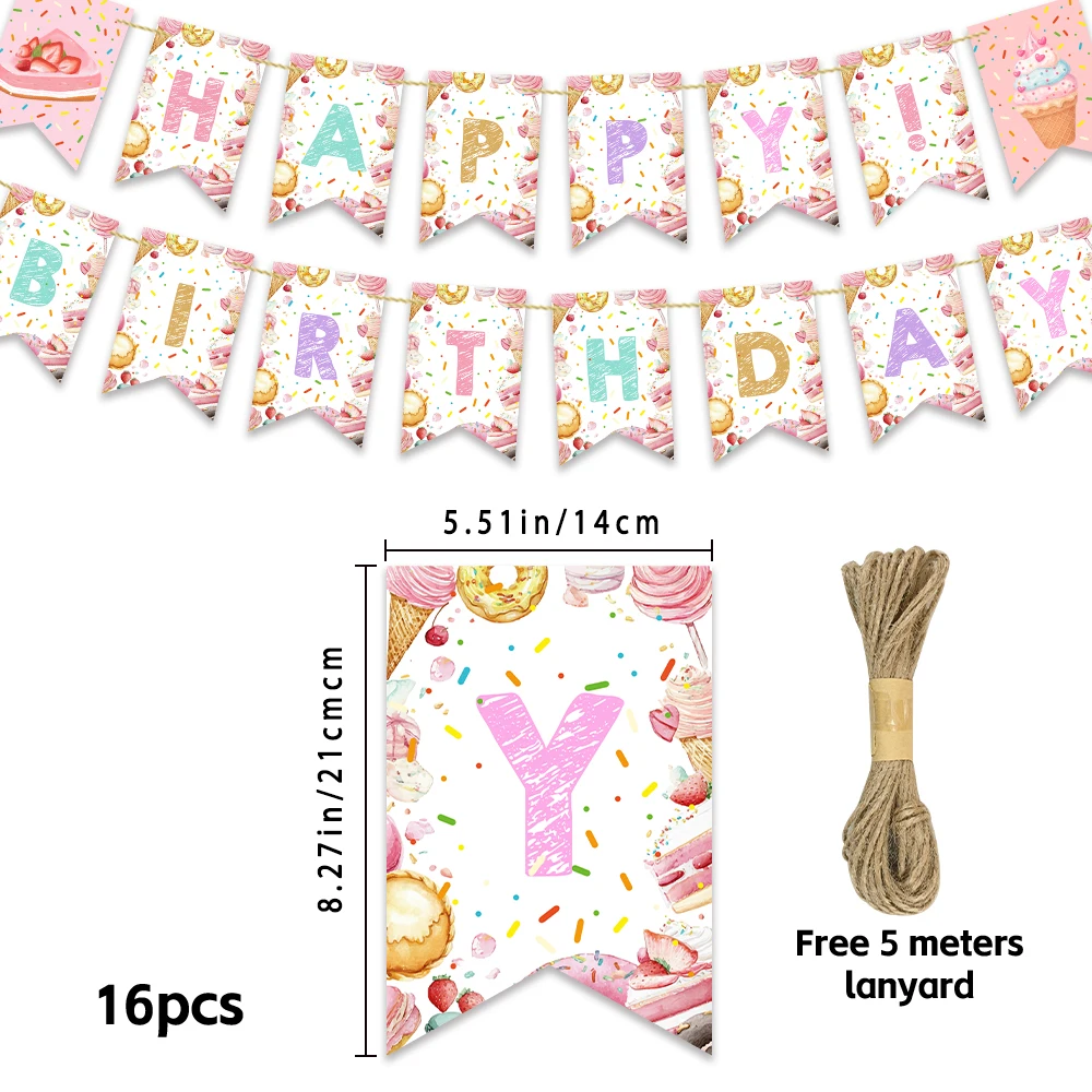 16pcs Sweet Dessert Theme Birthday Banner Set,Cute Design Party Decorations, Room Decoration,Holiday Celebrations,Includes Twine