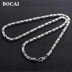 BOCAI New Real S925 Pure Silver Jewelry Accessories Retro Craft Square Weave Hemp Pattern Trend Men's  Necklacece