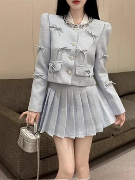 エレガントな通勤 2 点セット秋冬 3D リボンネイルダイヤモンドスプライシングショートコート + ハイウエストプリーツスカートスリムオフィススーツ女性