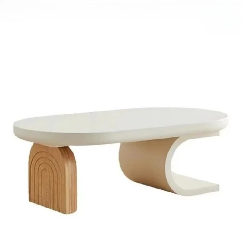 

Minimalist Cream - Style Living Room Sofa Suite Oval Tea Table and Wabi - Sabi Log - Style Tea Table