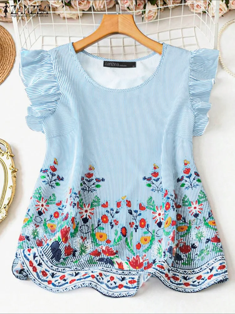 2025 ZANZEA Summer Sleeveless Stripe Printed Blouse Bohemain Holiday Tanks Tops Women Casual O Neck Blusas Loose Camis Oversize