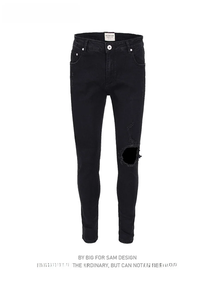 

Big for Sam Bla Men's High Street Knee-Slice Denim Jeans Tear Elastic Slim Fit Pants Trendy Cotton Stretch Denim Jeans
