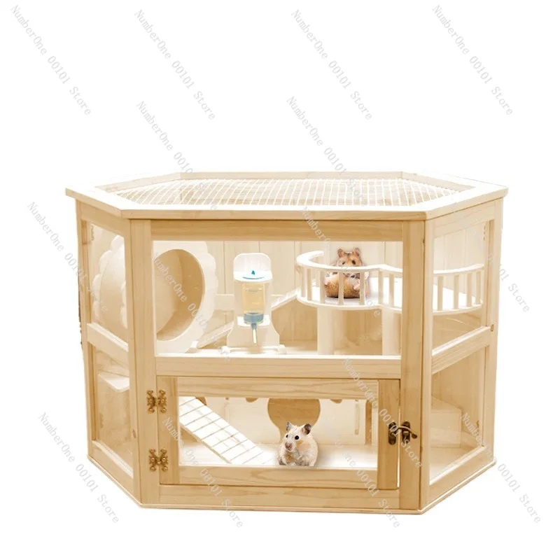 

Acrylic Solid Wood Hamster Cage, Large Double-Layer Villa, Complete Luxury Hamster House with Wooden Flooring, Ideal for Small