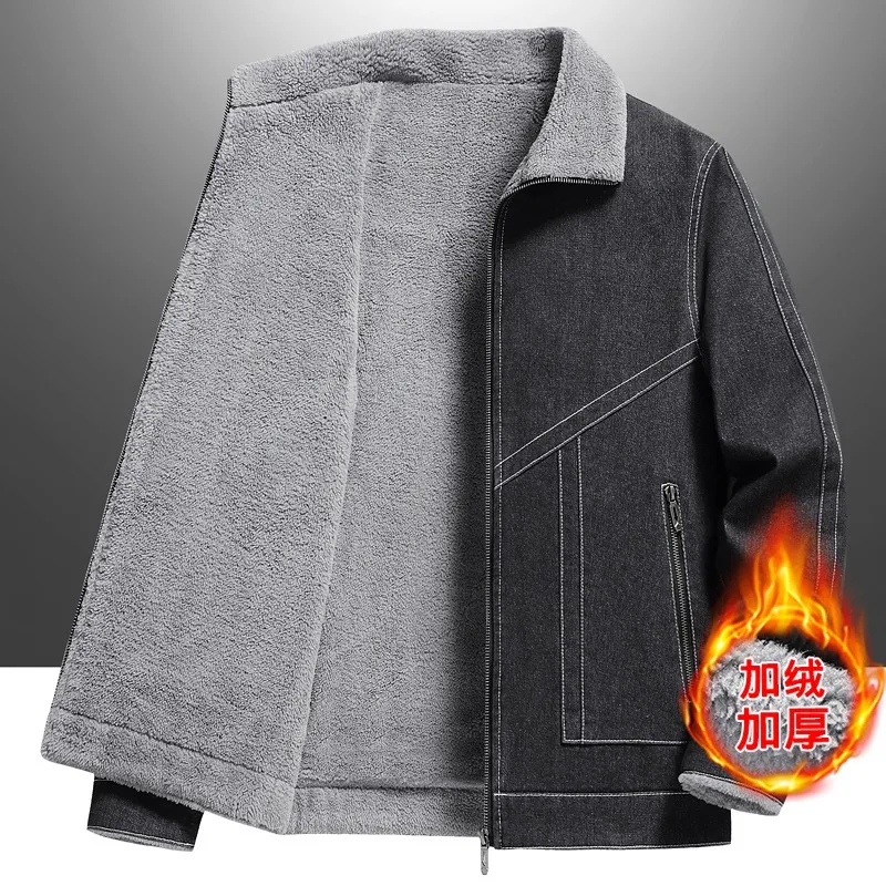 

Мужская утолщенная джинсовая куртка в корейском стиле, верхняя одежда с воротником, повседневное пальто с длинными рукавами и застежкой-молнией, плюшевая куртка с утолщенным воротником
