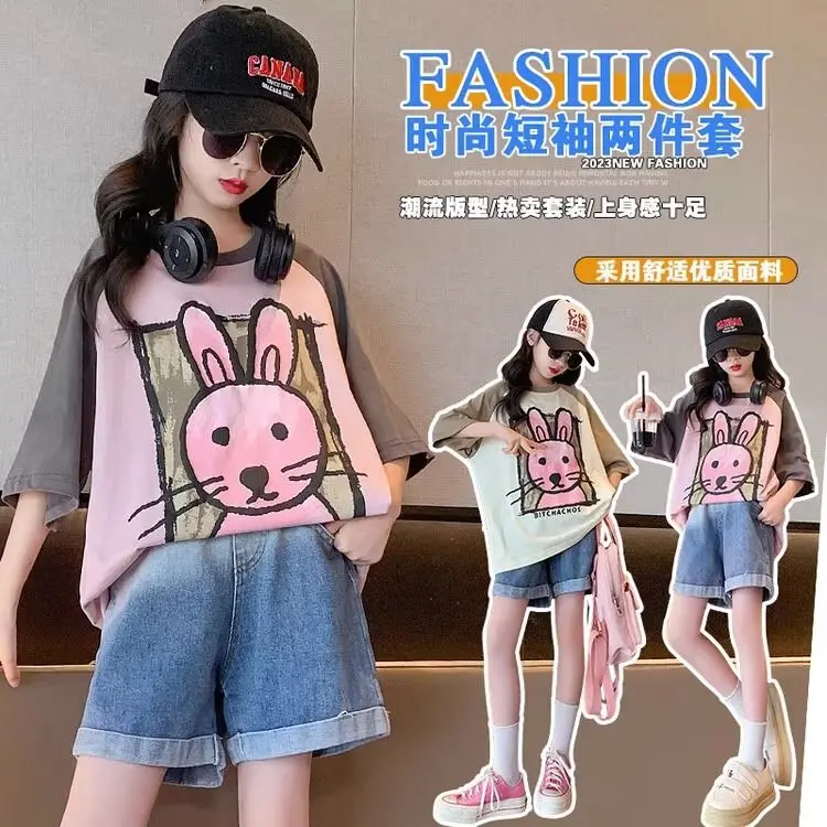 

Girls summer bunny suit 2024 new short-sleeved T-shirt top + fashionable denim shorts two-piece set Loungewear outfit