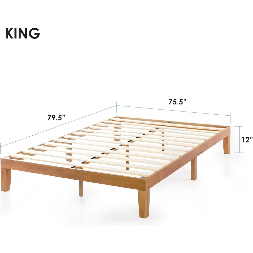 Cama clássica natural suave plataforma de madeira maciça, 12 polegadas, com ripas de madeira, twin/full/queen/king size