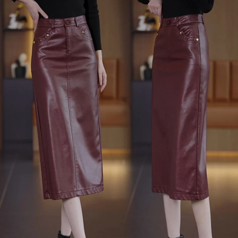 

Ankola Red Leather Midi Skirt for Women, Autumn High Waist Elegant Slit Mid-Length Bodycon Skirt