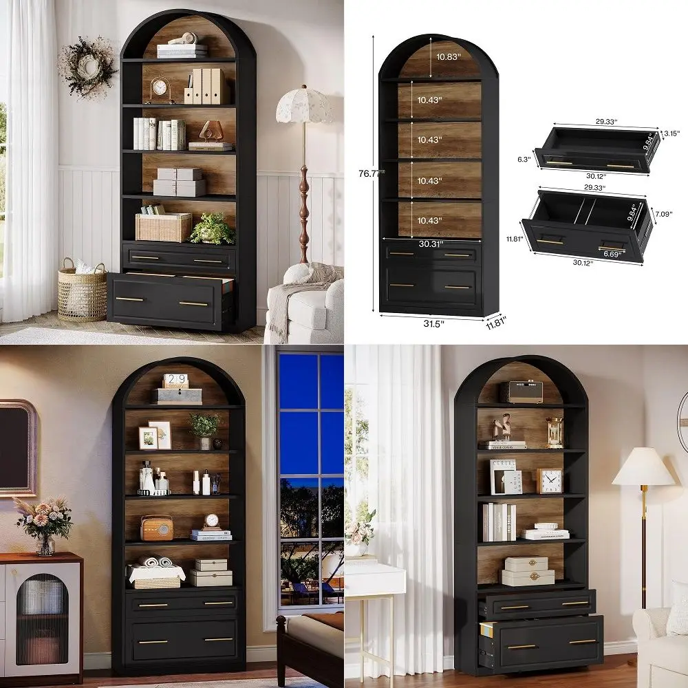 

71 Freestanding Tall Storage Cabinet, 5 Tier Wood Bookcase with Drawers and Tempered Glass Doors, Large Floor Cabinet, Combinat