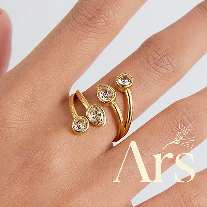 Ars Gold Plated Stainless Steel Open Rings Droplet Round Geometric Zircon Ring Irregular Rings Women's Statement Everyday Ring