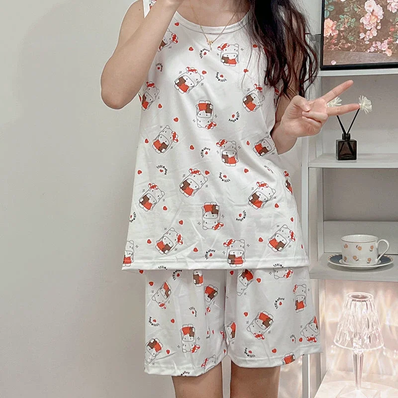 Conjunto de pijama Sanrio Hello Kitty para mulheres, Desenhos animados, doce, fofo, kawaii, casa, roupas casuais, Y2K, moda menina, regata, calção, conjunto 2 peças