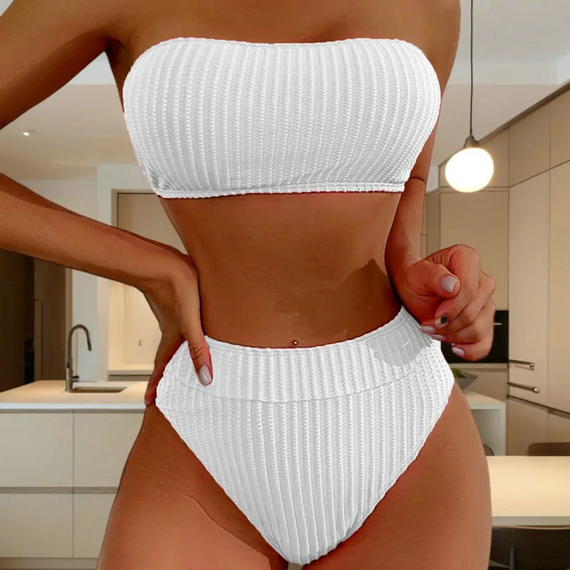 

High Waist Bikini Solid White Swimsuit Bathing Suit 2025 Sexy Bandeau Swimwear Brazilian Bikini Set Triangle 2 Pieces Swim Suit