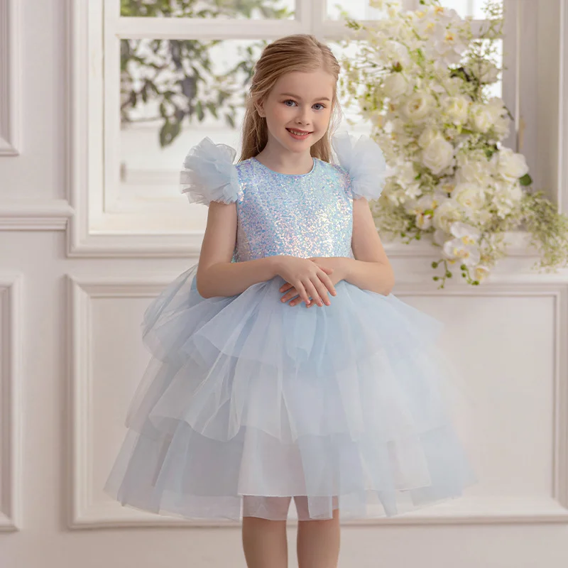 New Summer Birthday Party for Girls Dreamy Gradient Glitter Puffy Mesh Princess Dress Ball Piano Performance Host Princess Dress