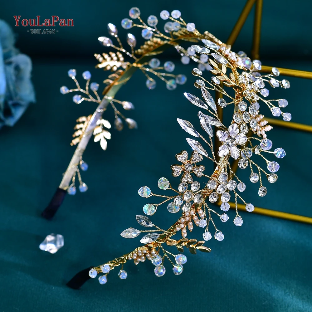 

YouLaPan Handmade Alloy Flwoers Leaf Head Hoop Bohemian Bridal Wedding Rhinestone Hair Accessories Women Party Headpiece HP983