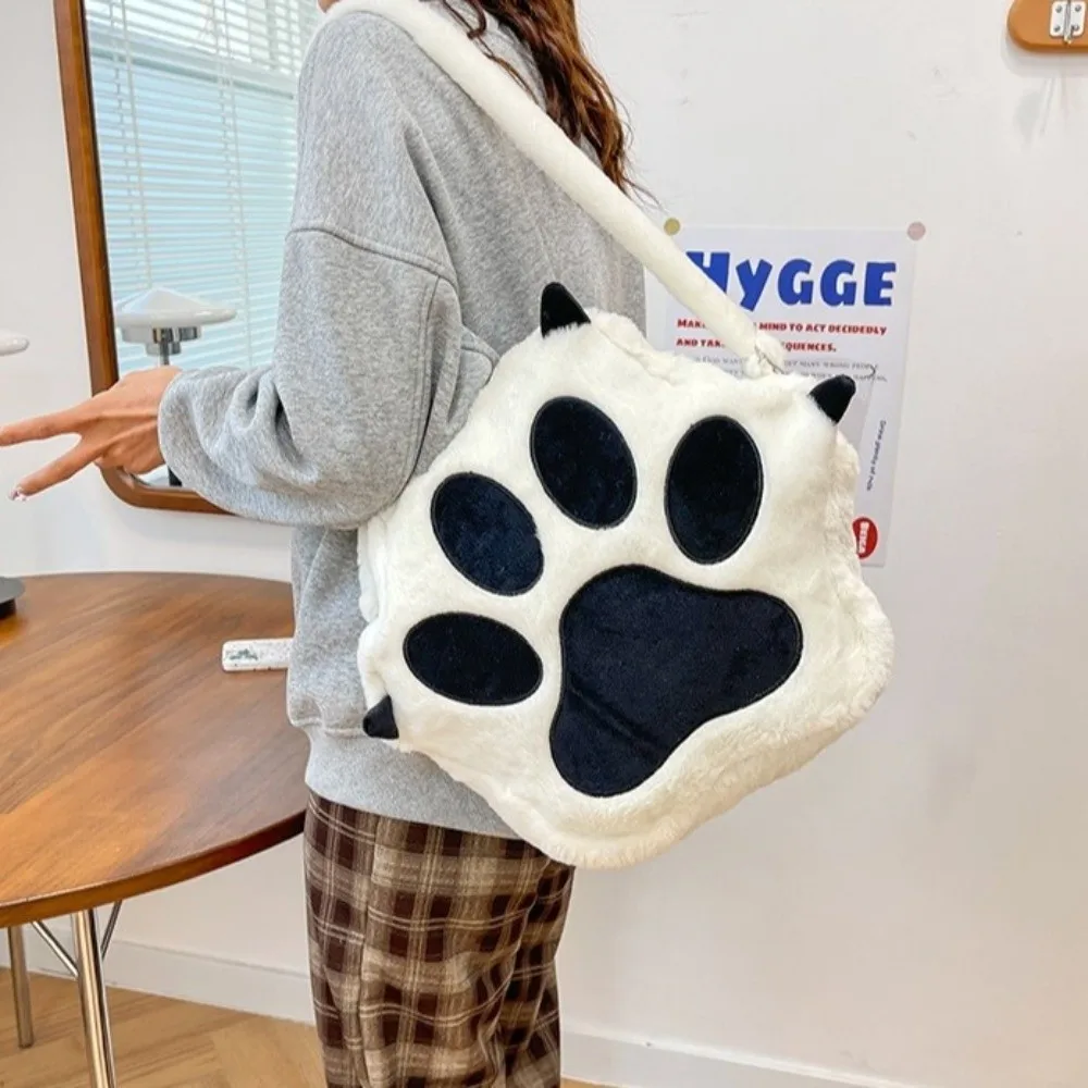 Kawaii White Puppy Cat Paw Backpack Plush Adjustable Straps Shoulder Bag Soft Fluffy Big Capacity Toy For Girls Women