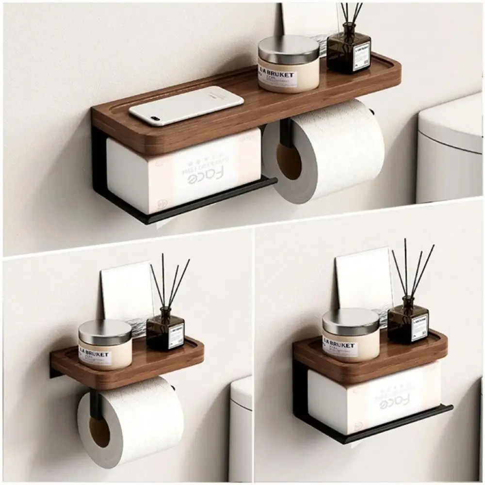 Wall Mounted Walnut Roll Paper Holder Toilet Storage Rack Tissue Box Bathroom Tissue Box Paper Drawer Tissue Rack