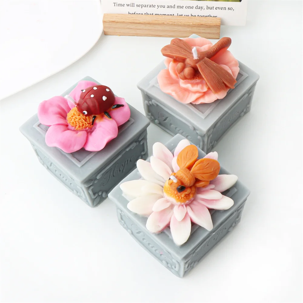 Hot Sell Daisy Box Silicone Little Ladybug Bee Dragonfly Candle Mold DIY Plaster Resin Soap Fondant Chocolate Tools House Items