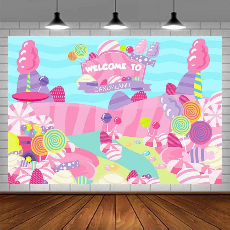 

Candyland Lollipop Birthday Party Photography Backdrop For Girls Sweet Decorations Supplies Rainbow Donut ice Cream Background