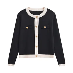 TRAF 2024 Autumn Women's Wear Gold breasted Long Sleeve Black and White Round Neck Knitted Cardigan Sweater Coat 1822/106