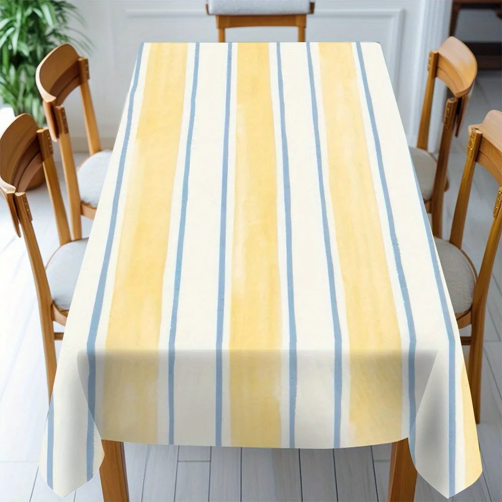 Bright yellow and white striped tablecloth. Suitable for coffee shops, wedding tables, and home coffee tables for decoration.