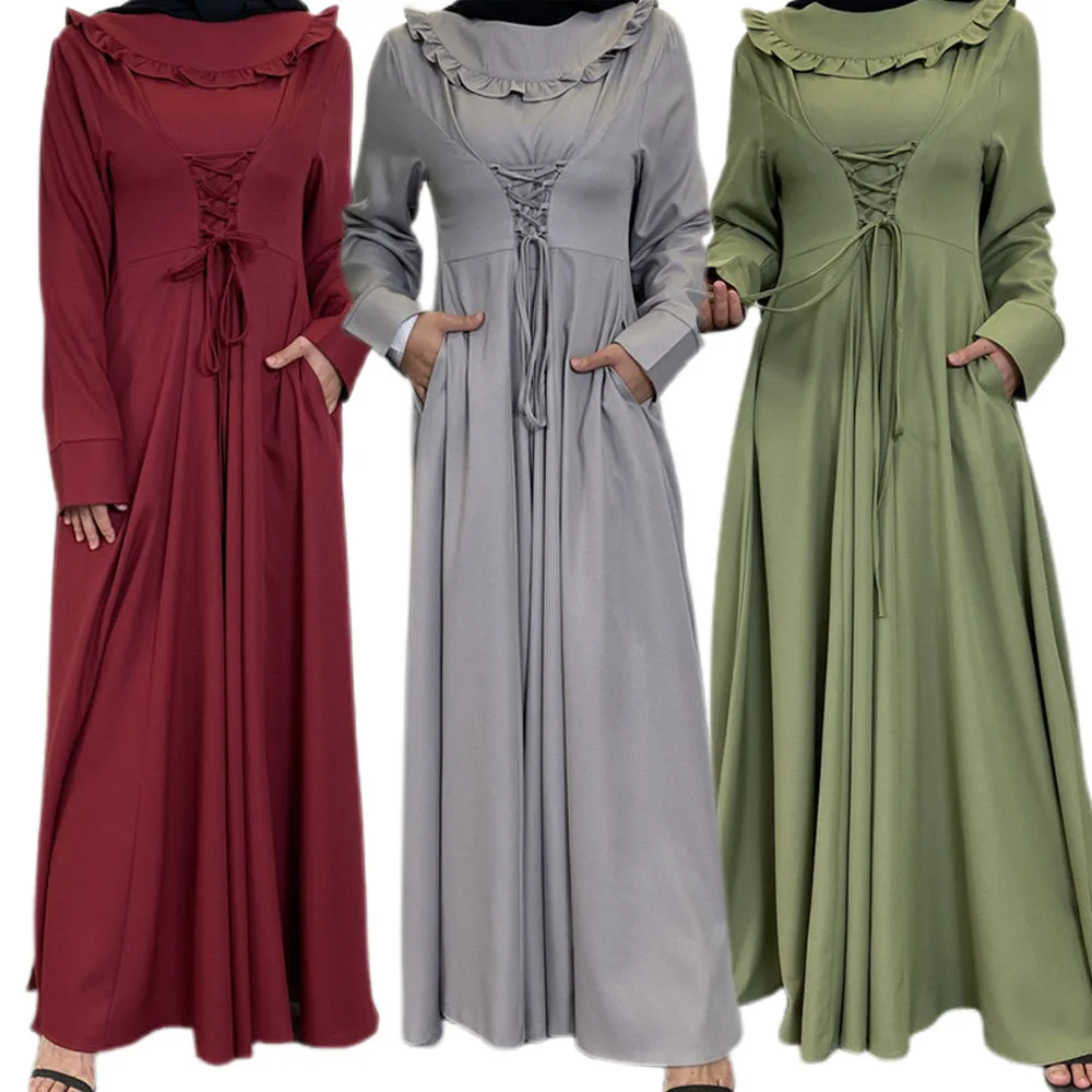 

Middle East Arab Abaya Solid Color Muslim Women Long Dress Islamic Ramadan Clothing Dubai Kaftan Pakistani Malaysia Eid Mubarak