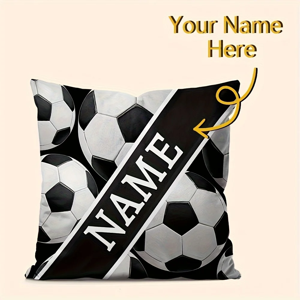 Custom Football Theme Throw Pillow – Personalized Name & Number Print, Zipper Closure,Soccer Ball Pattern Decor for Sofa Bedroom