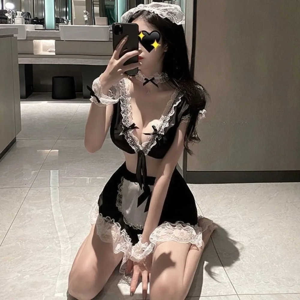

Plus Size Sexy Maid Cosplay Lingerie Set for Women, Push-Up Bra with Thong Passionate Role-Play Outfit Japanese Lingerie Kawaii