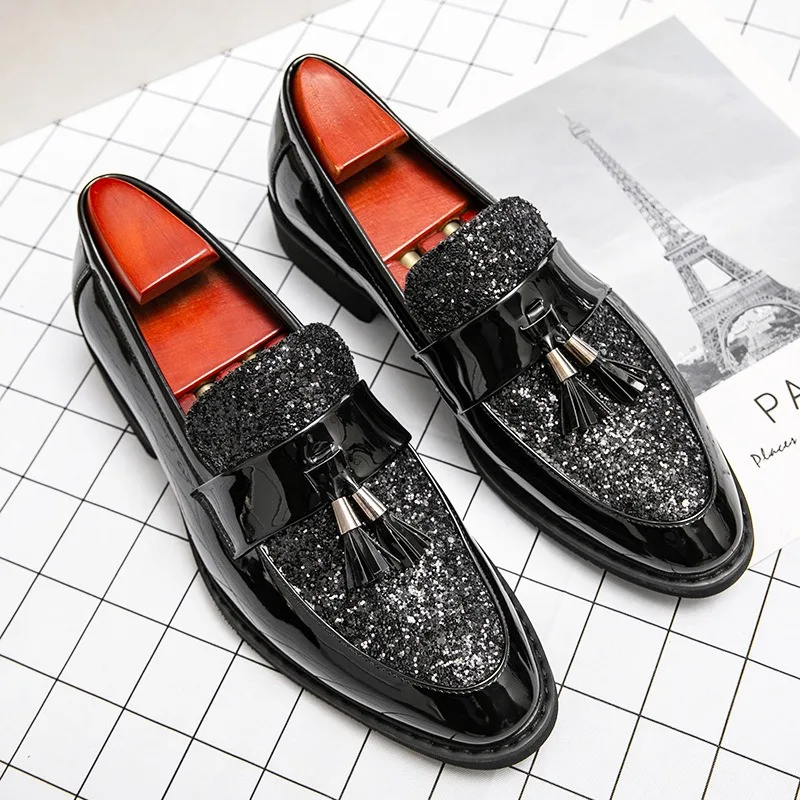 nightclub patent leather designer shoes man officially shoes tassels elegant shoes man gold black sequin formal loafers herren