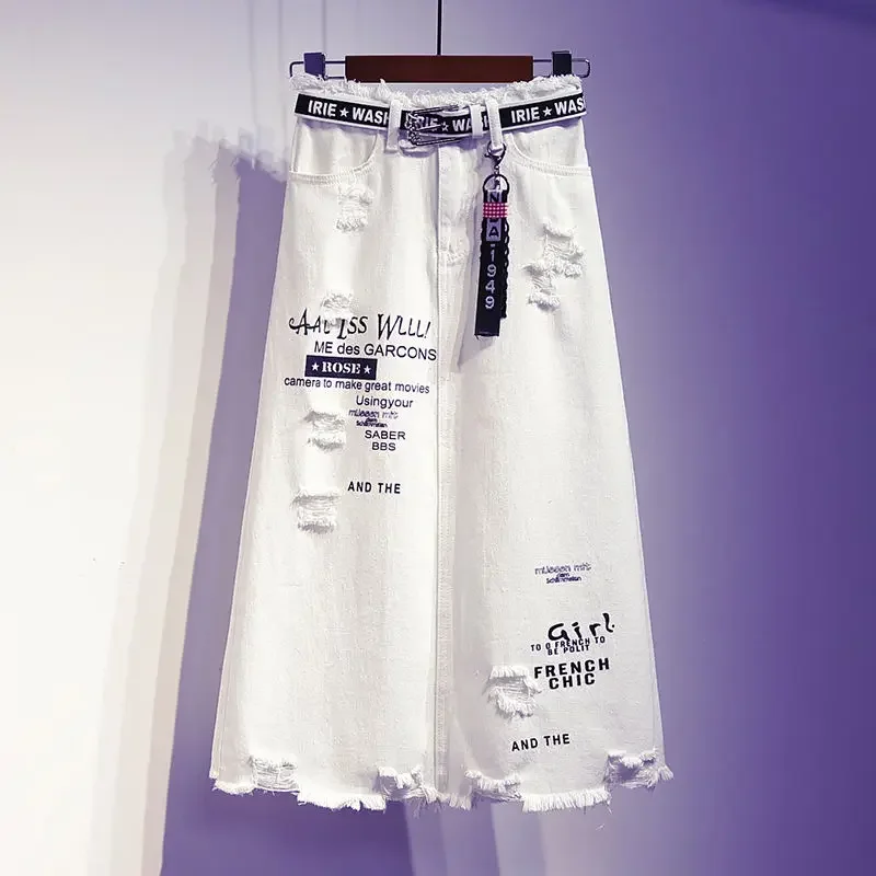 2023 New Women skirt White Denim Long skirts Letter print Korean style Fashion Hole Oversize Plus size female skirts