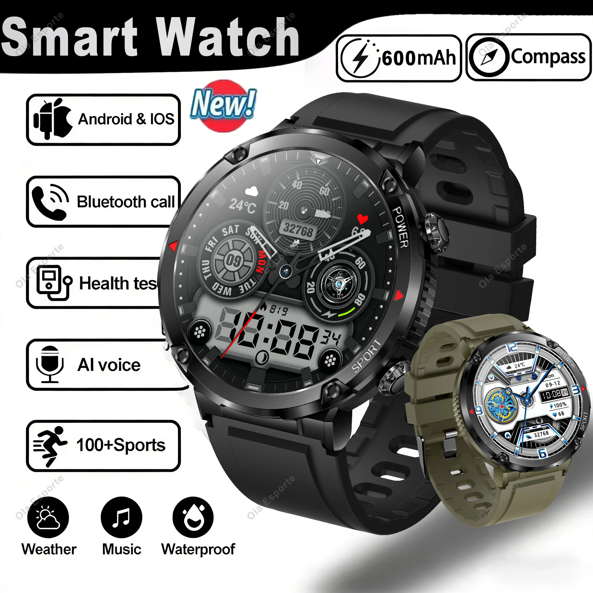 

Sports Smart Watch 1.7 Inch HD Round Screen 600mAh Military Outdoors Smartwatch Bluetooth Call Health Monitoring Watch Men 2026