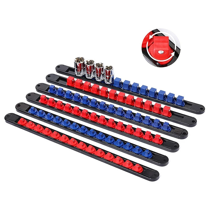 6PC 360° Swivel ABS Socket Organizer, 1/4-Inch, 3/8-Inch, 1/2-Inch, Premium Quality Socket Holders (Blue & Red)