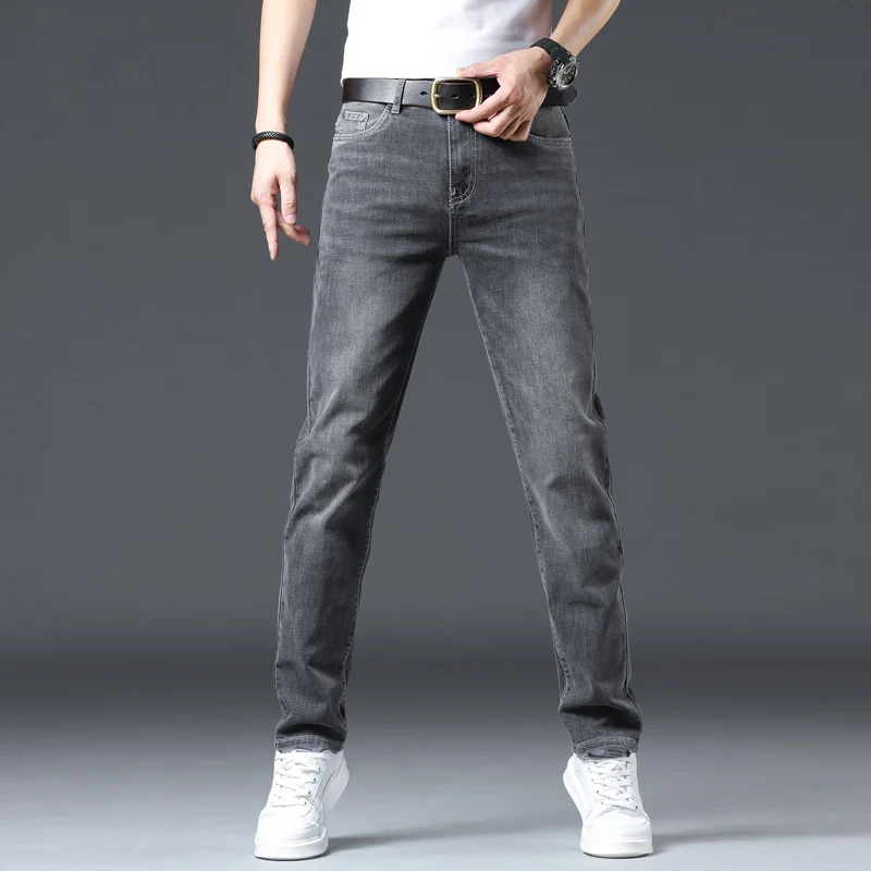 High quality slim fit elastic straight leg jeans with thick fleece in autumn and winter black gray men's Korean jeans men