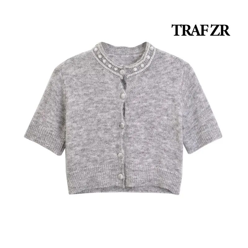 TRAF ZR Cardigan for Women Knitwears Crop Knit Vintage Jerseys New Outerwears Short Sleeve Sprng Summer Cardigan with Pearls