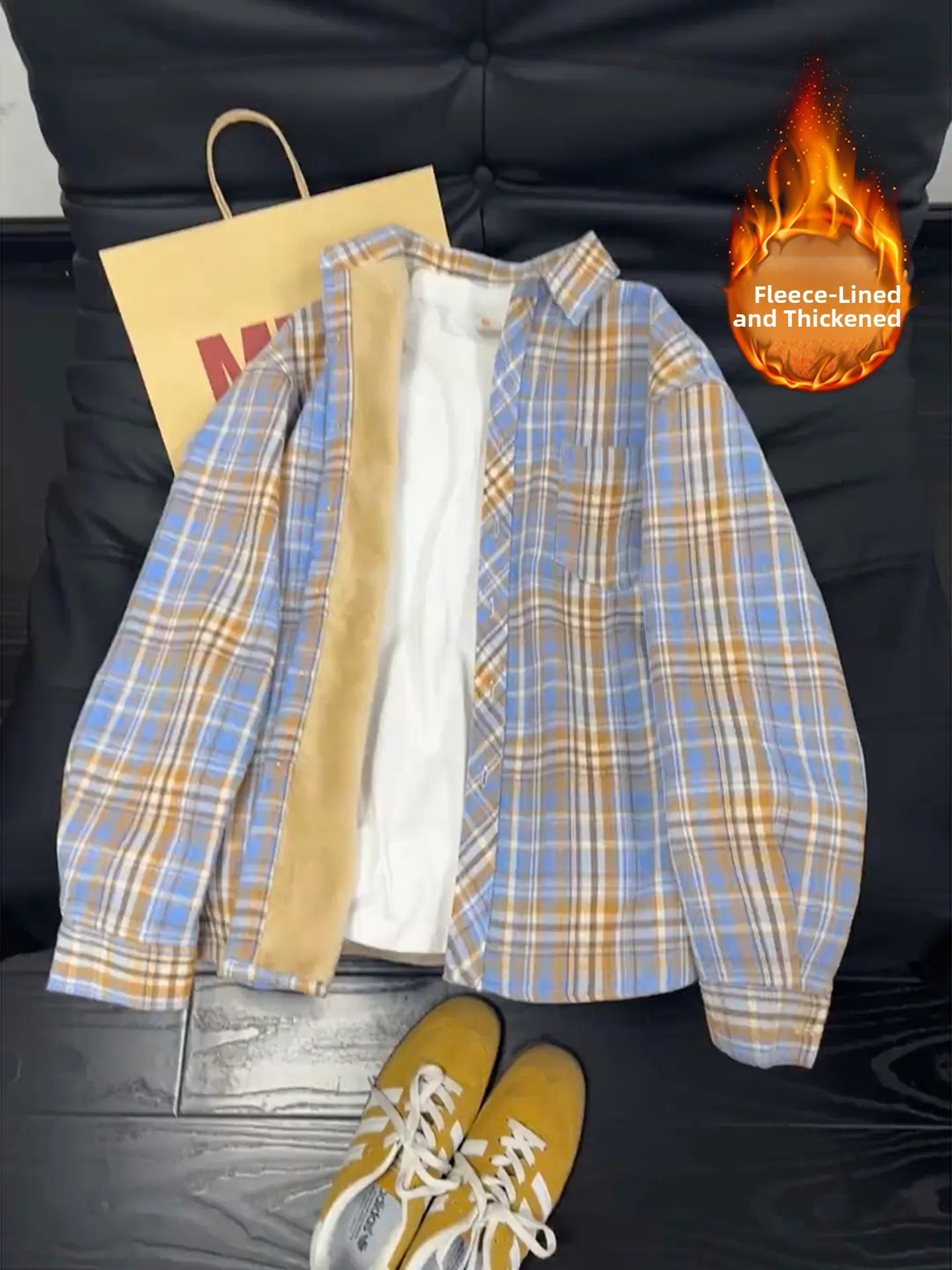 Retro American Plaid Fce Lined Long Sve irt Men's Winter High End Feeling Turn Collar Loose Outerwear Jaet