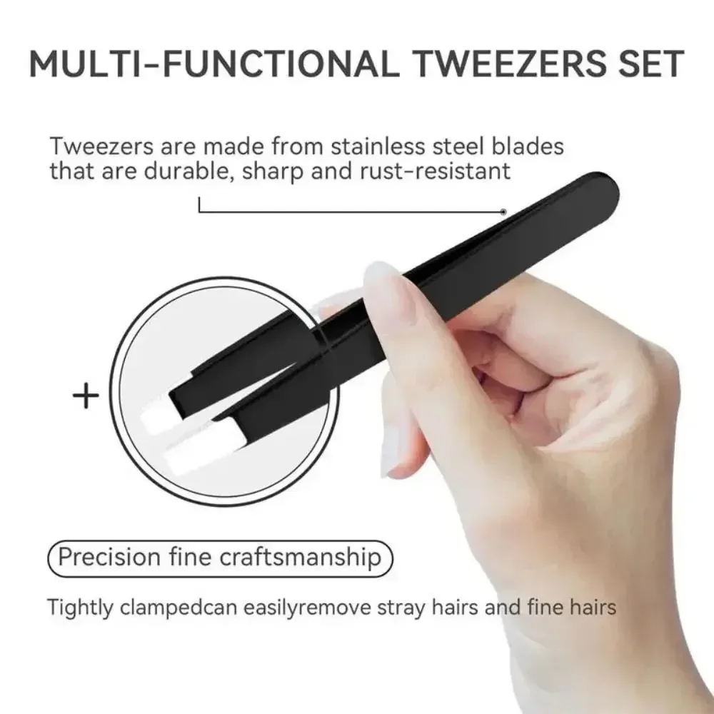 4PCS/Set Stainless Steel Slanted Tweezers Set With Storage Bag Portable Beard Tweezers Pointed Tip Eyelash Tweezers